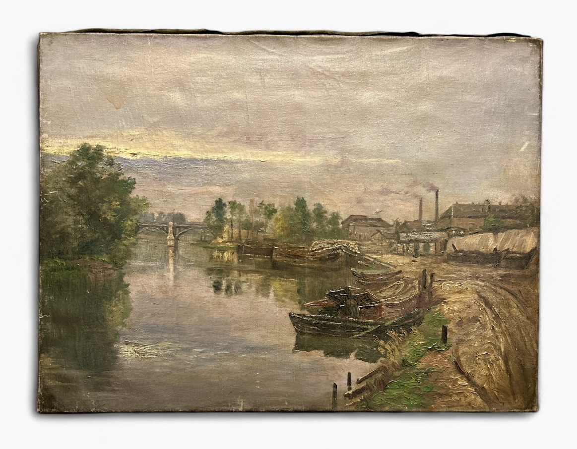 Huile sur toile - paysage - bord de rivière - 20eme