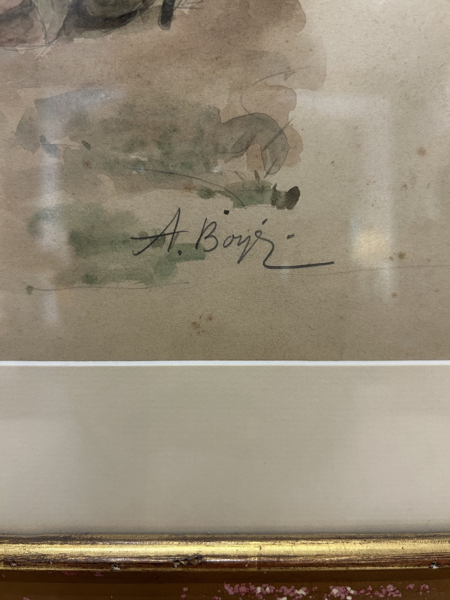 Aquarelle d’André Boyer - 20ème - Ecole de Paris - Scène de genre - Femme et enfant-photo-2