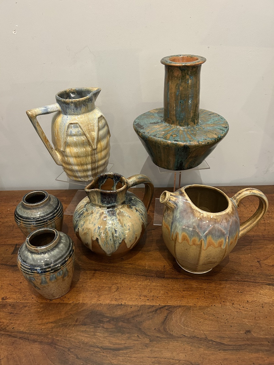 Set Of 6 Glazed Stoneware Vases And Pitchers - 20th Century-photo-2
