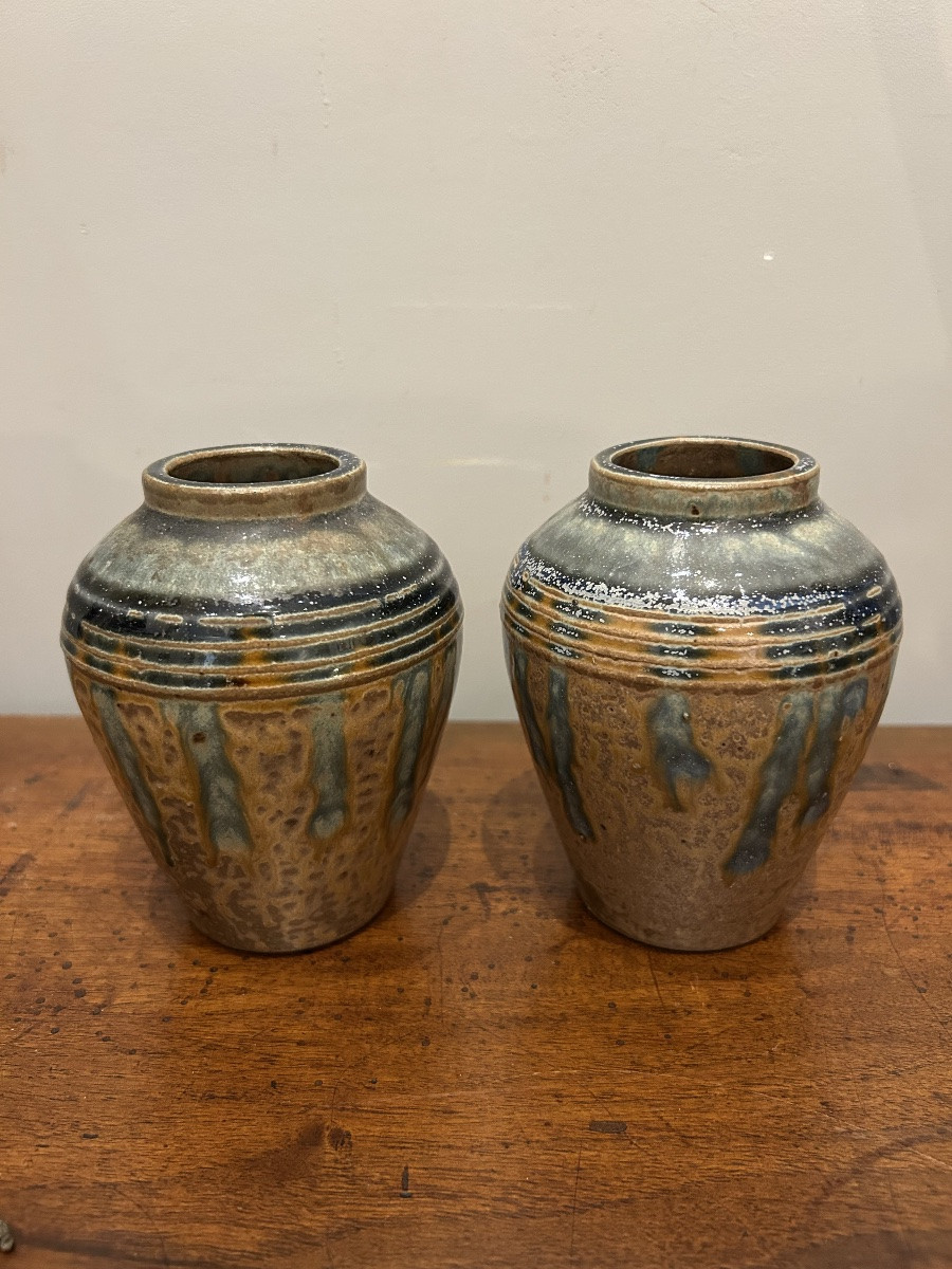 Set Of 6 Glazed Stoneware Vases And Pitchers - 20th Century-photo-1