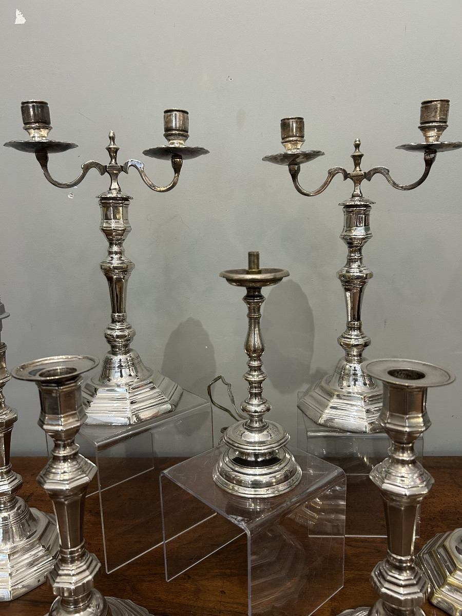 Lot de bougeoirs et candélabres en bronze et / ou métal argenté - 18/19eme-photo-3