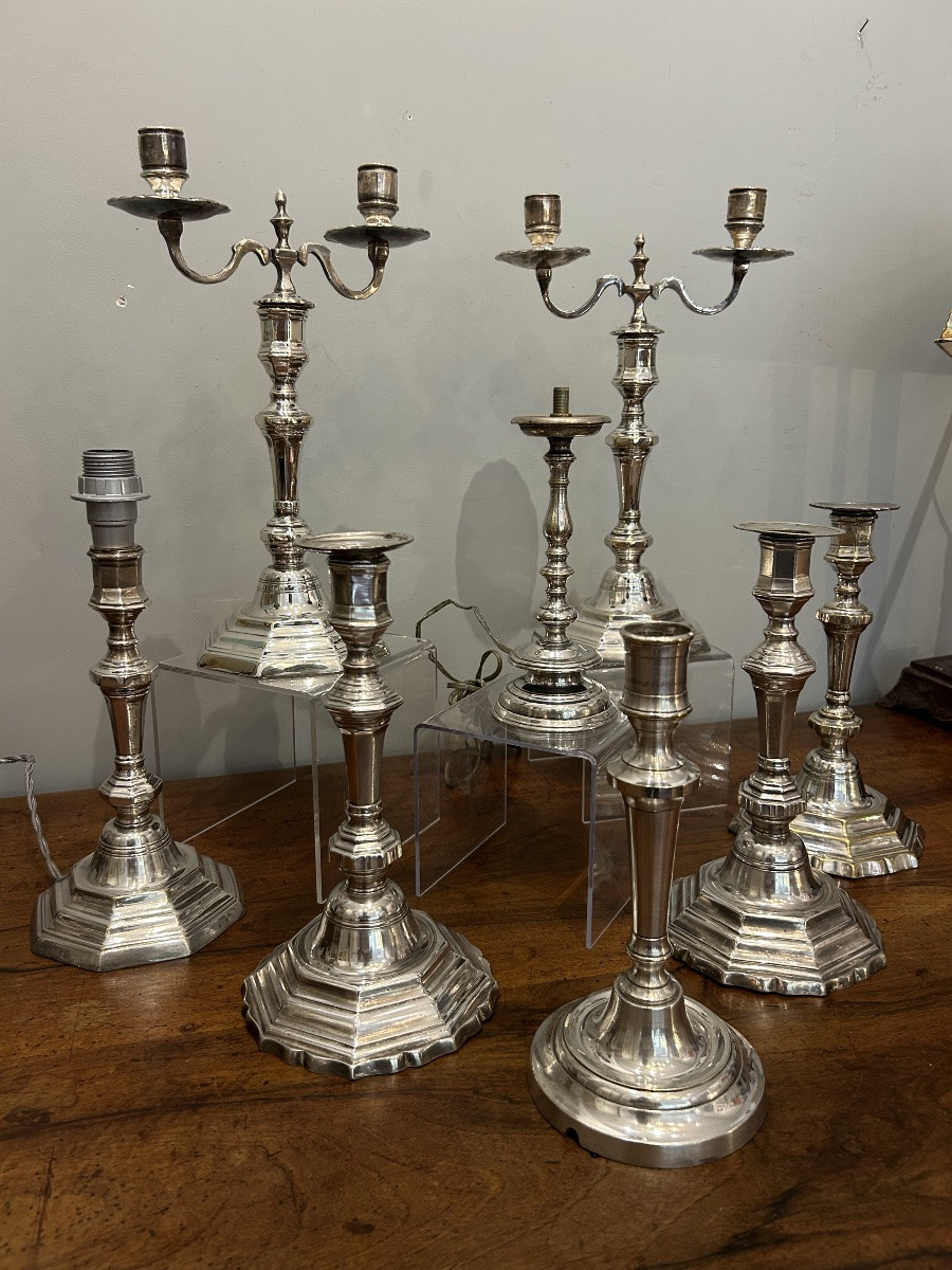 Lot de bougeoirs et candélabres en bronze et / ou métal argenté - 18/19eme-photo-4