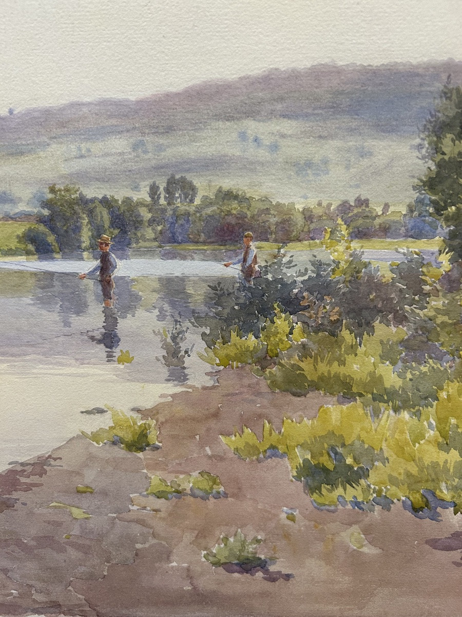 Aquarelle - pêcheurs dans la rivière - Paul Grégoire (Aquarelliste Français - 20ème)-photo-3
