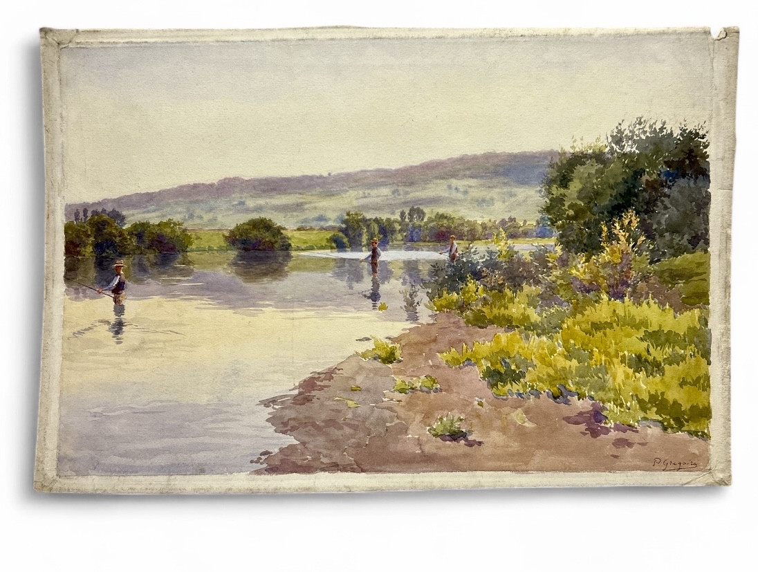 Aquarelle - pêcheurs dans la rivière - Paul Grégoire (Aquarelliste Français - 20ème)