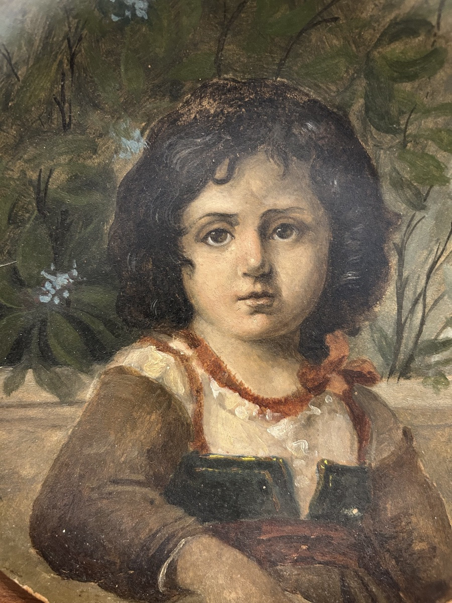 Plate - Oil On Cardboard - Portrait Of A Child - Italy 20th Century-photo-3