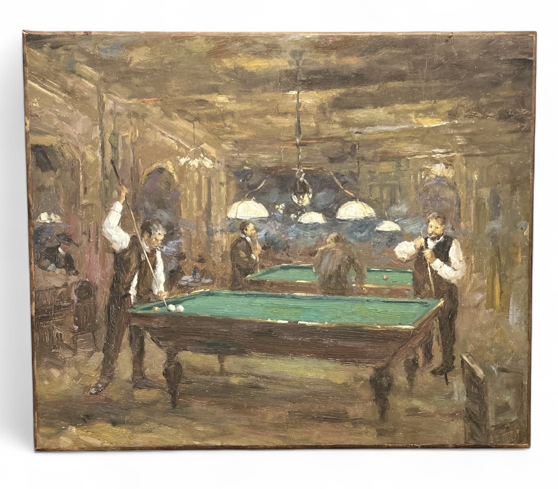 Huile sur toile - joueurs de billard - scène de genre - 1950