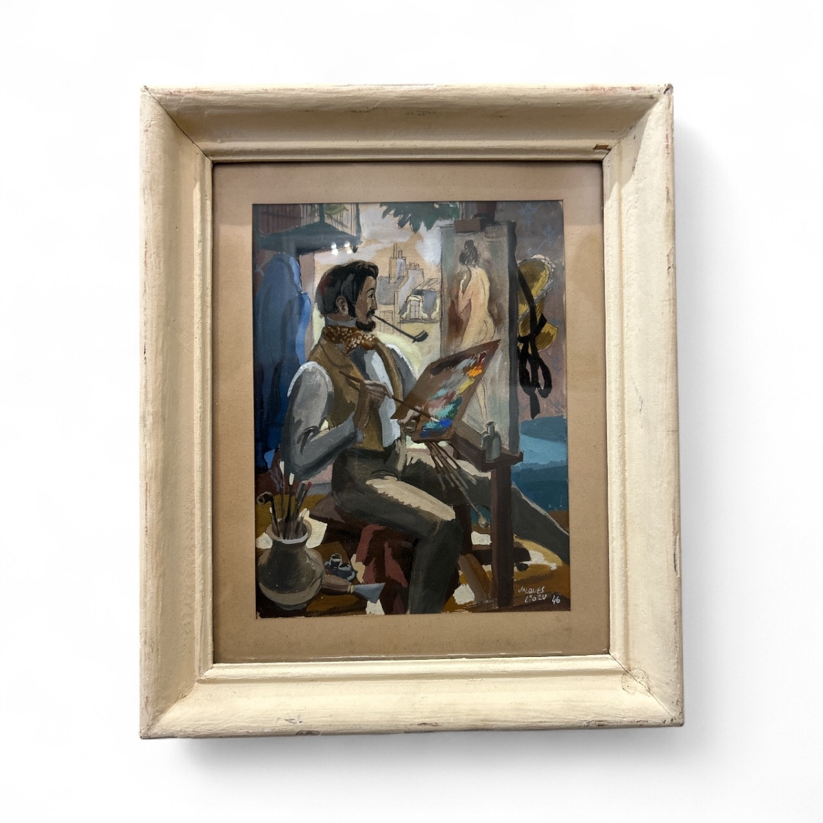 Gouache sur papier - 1946 - Jacques Liozu - Peintre devant son chevalet