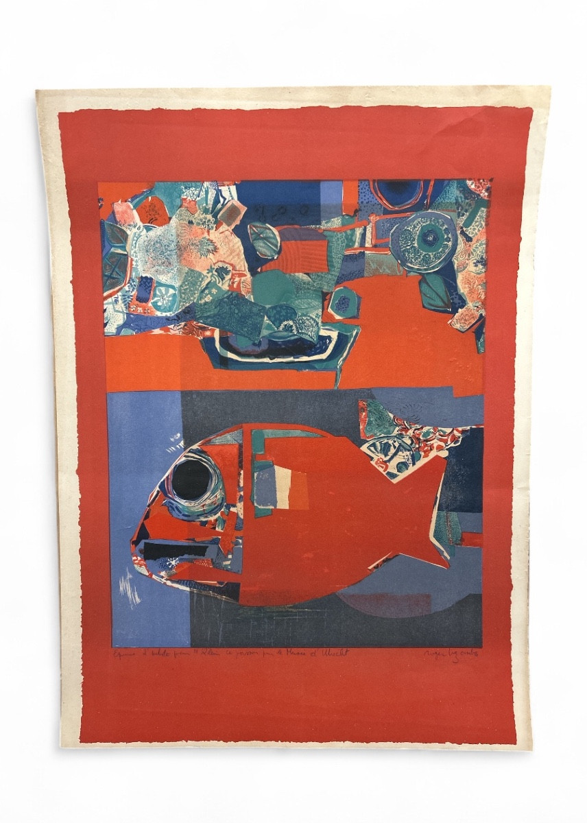 Roger Bezombes 1968 Lithographie « Poisson qui relie New York à Paris » 