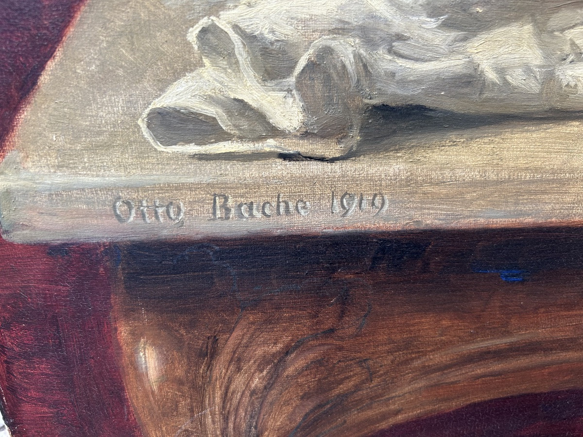 Otto Bache  Danois 20ème « Les instruments de musique » huile sur toile -photo-2