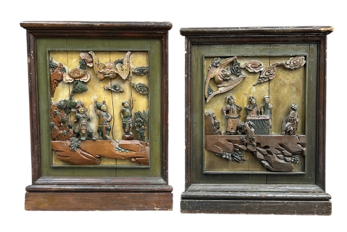 Panneaux en bois sculpté chinois - 19eme -  art asiatique