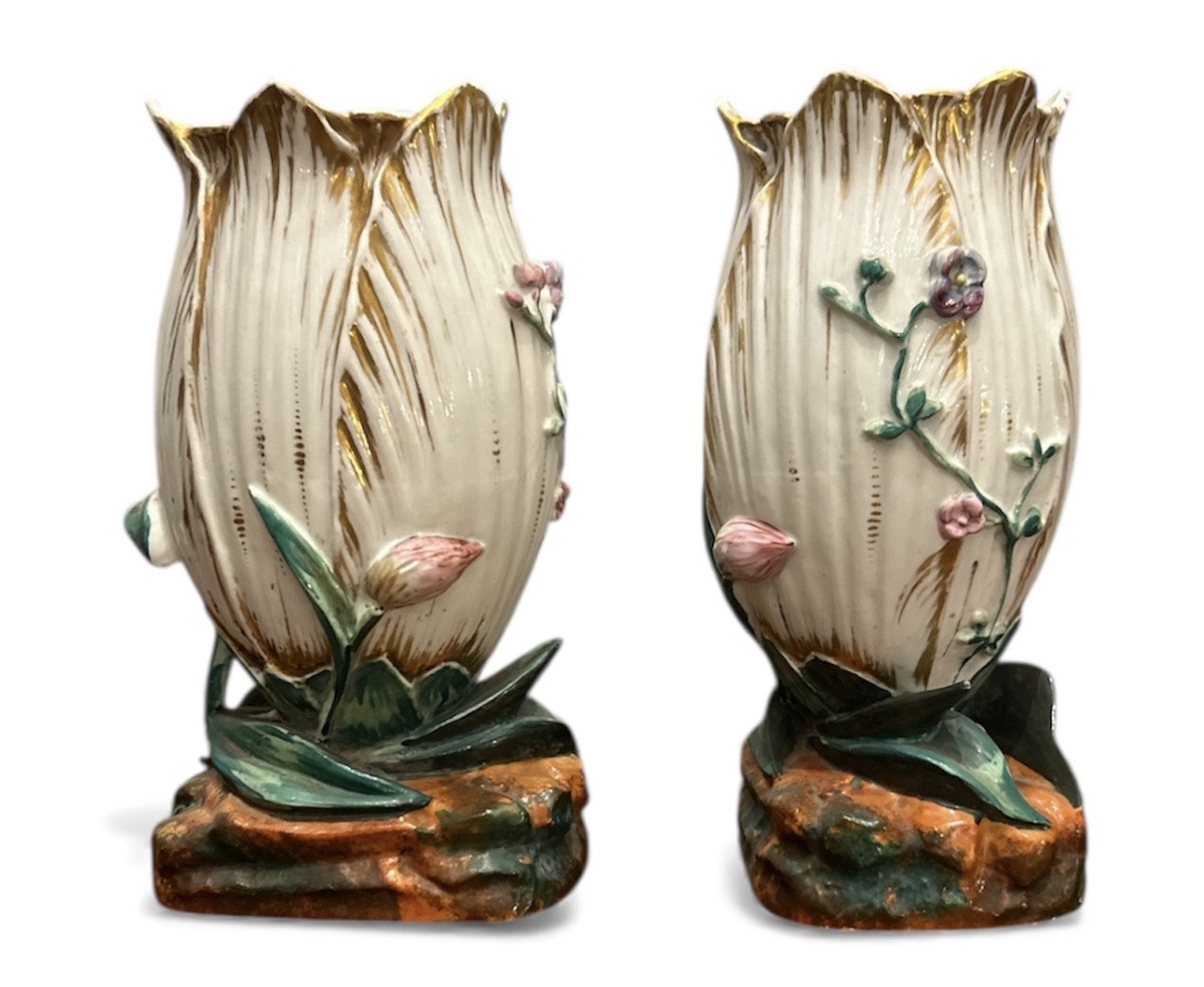 Pair Of Porcelain Vases - Old Paris - Early 20th Century - Barbotine With Floral Decoration -photo-2