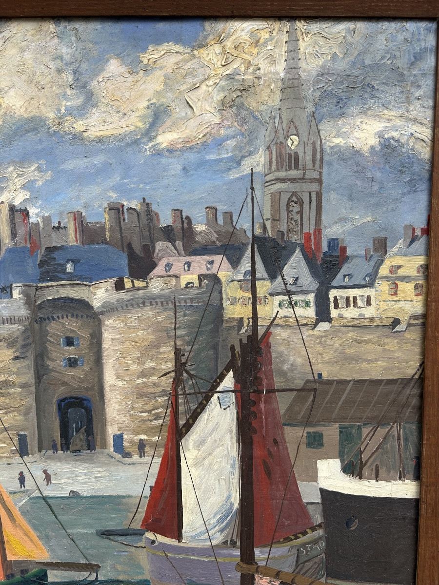 Huile sur bois - Bateaux à Saint Malo - 20eme-photo-2