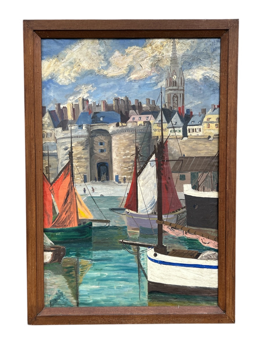 Huile sur bois - Bateaux à Saint Malo - 20eme-photo-3