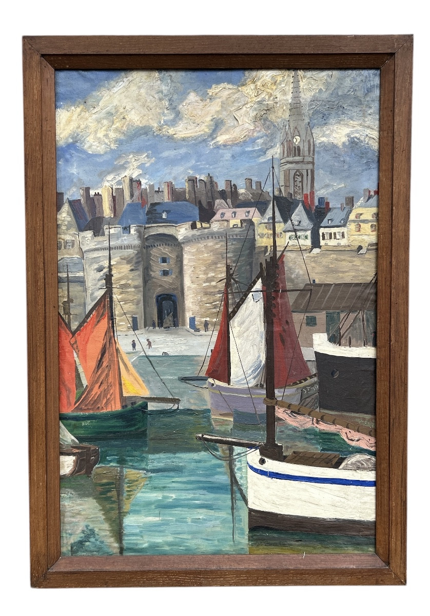 Huile sur bois - Bateaux à Saint Malo - 20eme