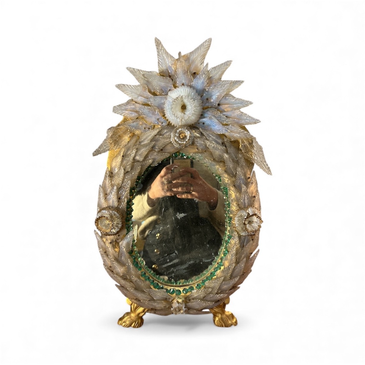 Miroir à poser, italien vénitien Murano, vers 1940, à décor de fleurs, de feuilles et de perles-photo-2