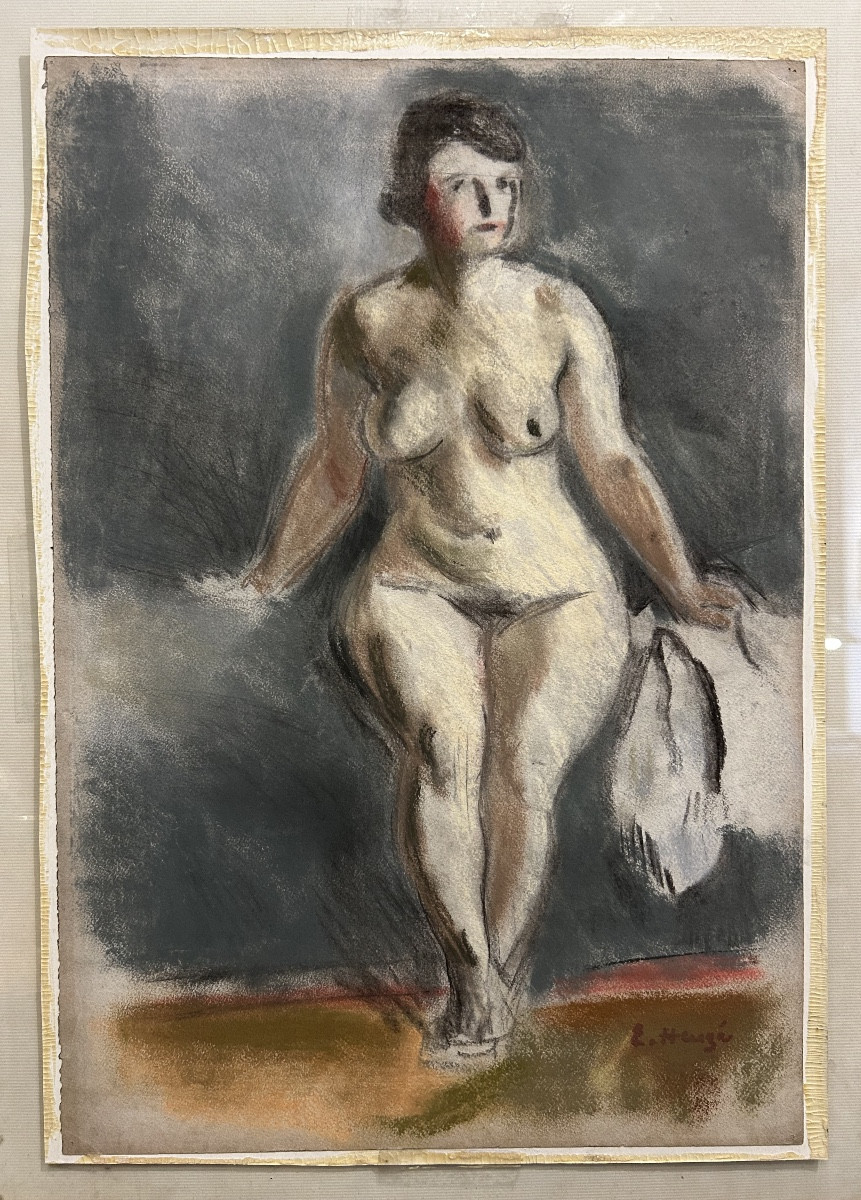 Nude Woman, Watercolor By Edmond Heuzé. 20th Century French Painter 