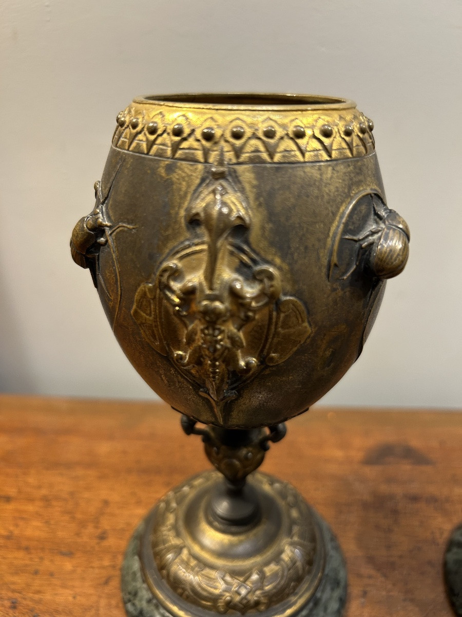 Paire de cassolettes en bronze à décor d’insectes du sculpteur Auguste Nicolas Cain 19ème-photo-3