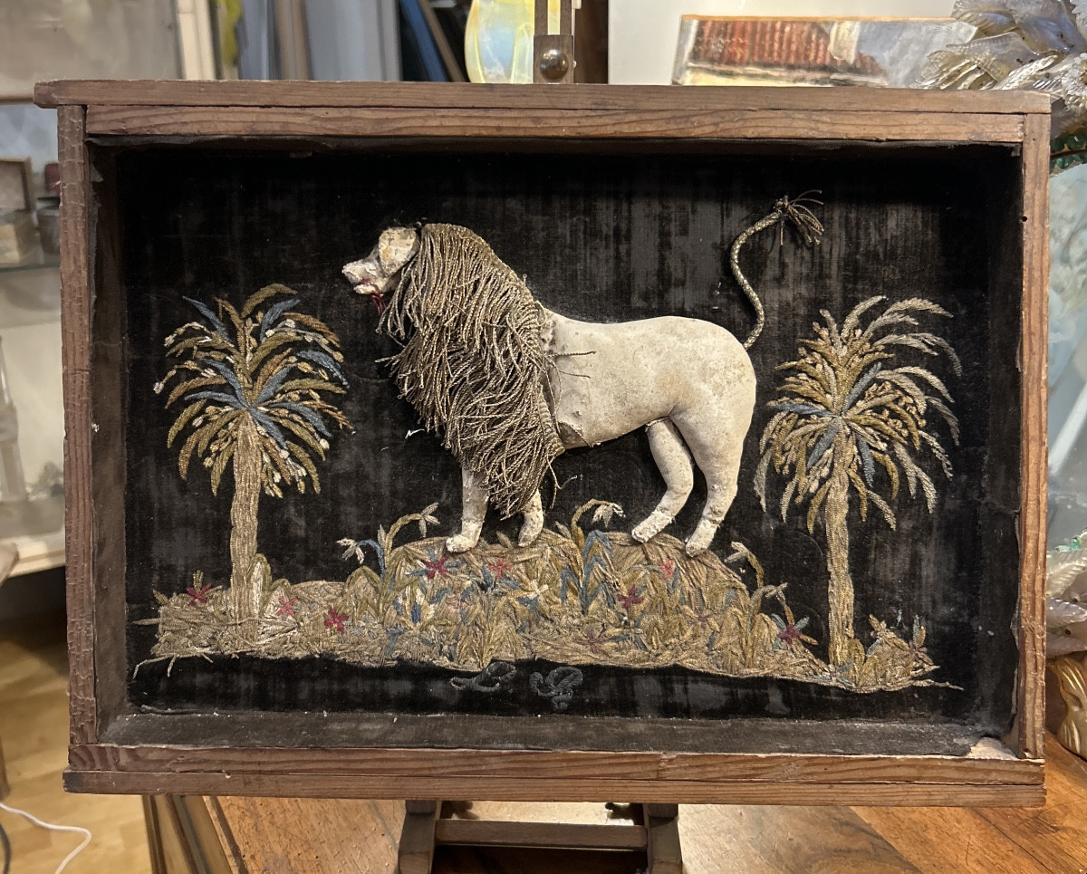 Embroidery, Decorative Relief Work Depicting A Lion. 19th Century Textile. Object Of Curiosity. 