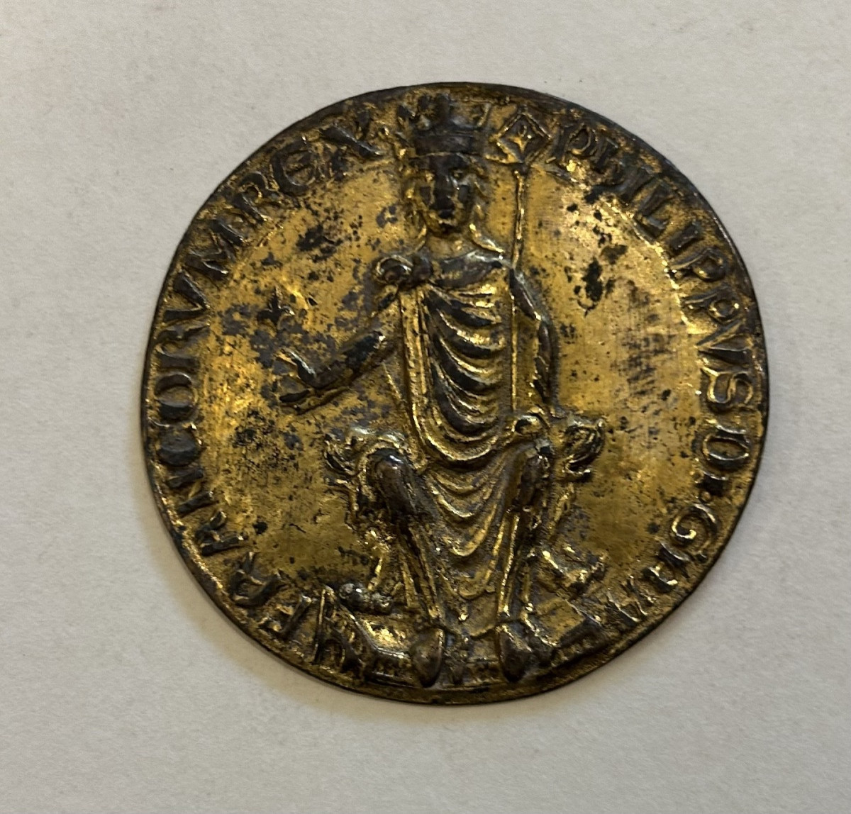 Médailles anciennes en bronze 19eme. Sceau Ph.  IV le Bel. signée W.  Barré. Allegorie commerce-photo-3