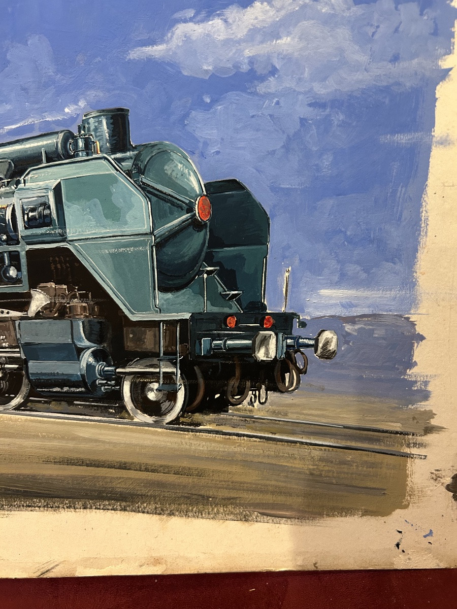 Gouache sur carton Locomotive à vapeur carénée c.1950. Illustration ferroviaire -photo-3