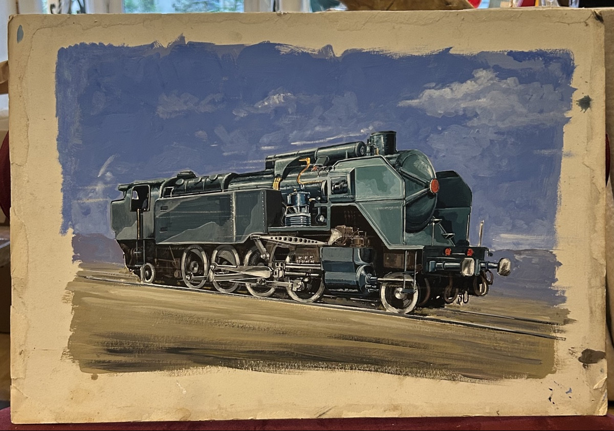 Gouache sur carton Locomotive à vapeur carénée c.1950. Illustration ferroviaire 