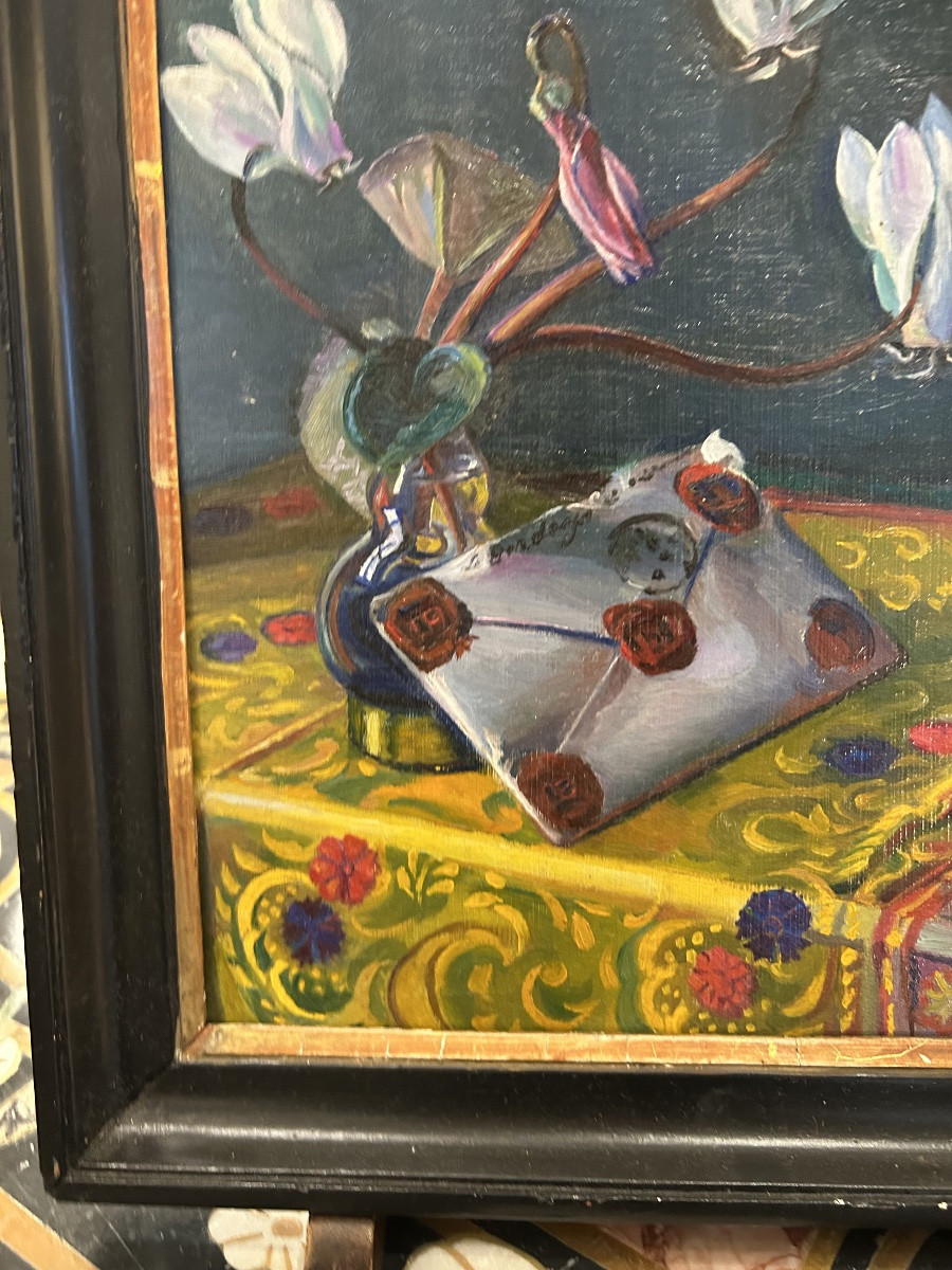  Nature morte aux cyclamens et lettre scellée et signée Julien le Bordays Huile sur toile 20eme-photo-2