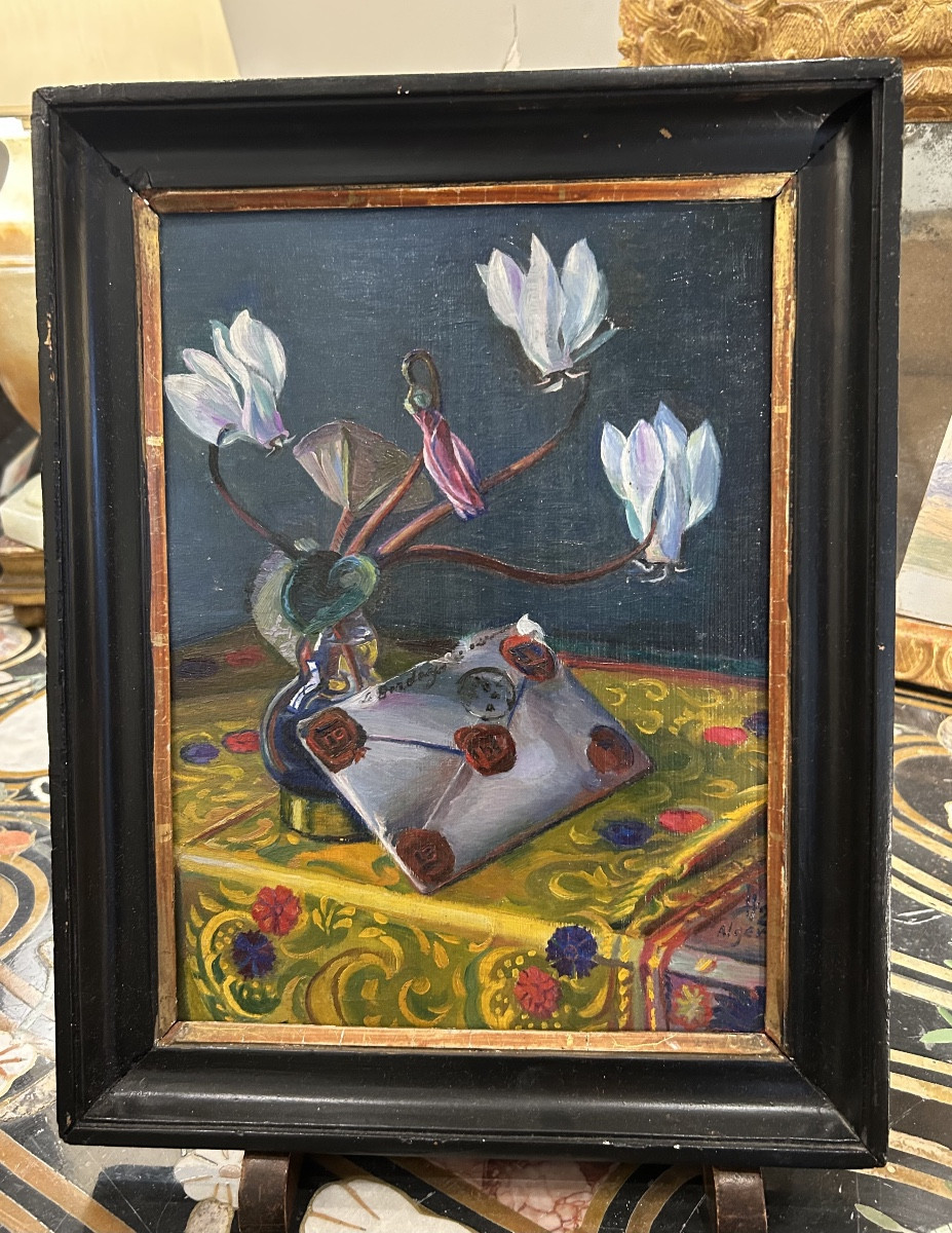  Nature morte aux cyclamens et lettre scellée et signée Julien le Bordays Huile sur toile 20eme