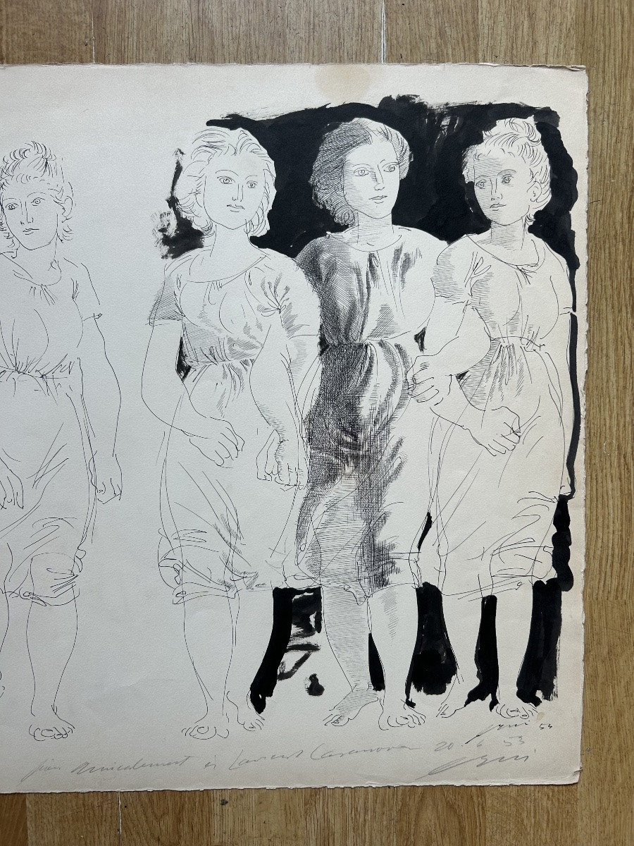 Hans Herni (1909-2015) Large Original Drawing, Signed And Dated 1953, Ink And Note, Female Figures-photo-3