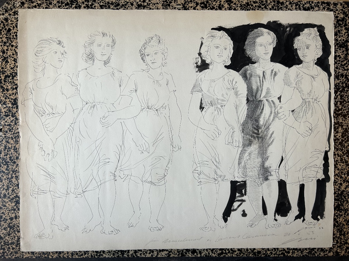 Hans Herni (1909-2015) Large Original Drawing, Signed And Dated 1953, Ink And Note, Female Figures-photo-4