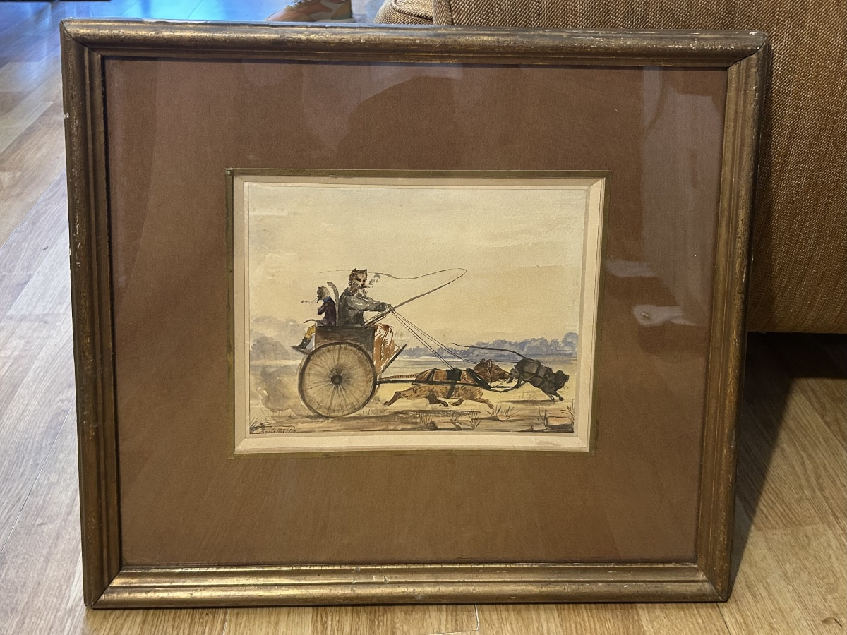 Watercolor Signed Charles Hutin (?) – Humorous Scene (animals) – French School, 19th Century