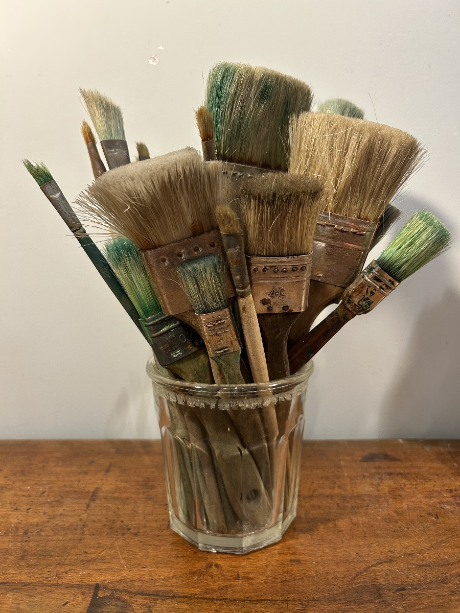 Ensemble milieu XX ème de pinceaux anciens d’atelier, bois et poils, bel état d’usage.Outils d-photo-2