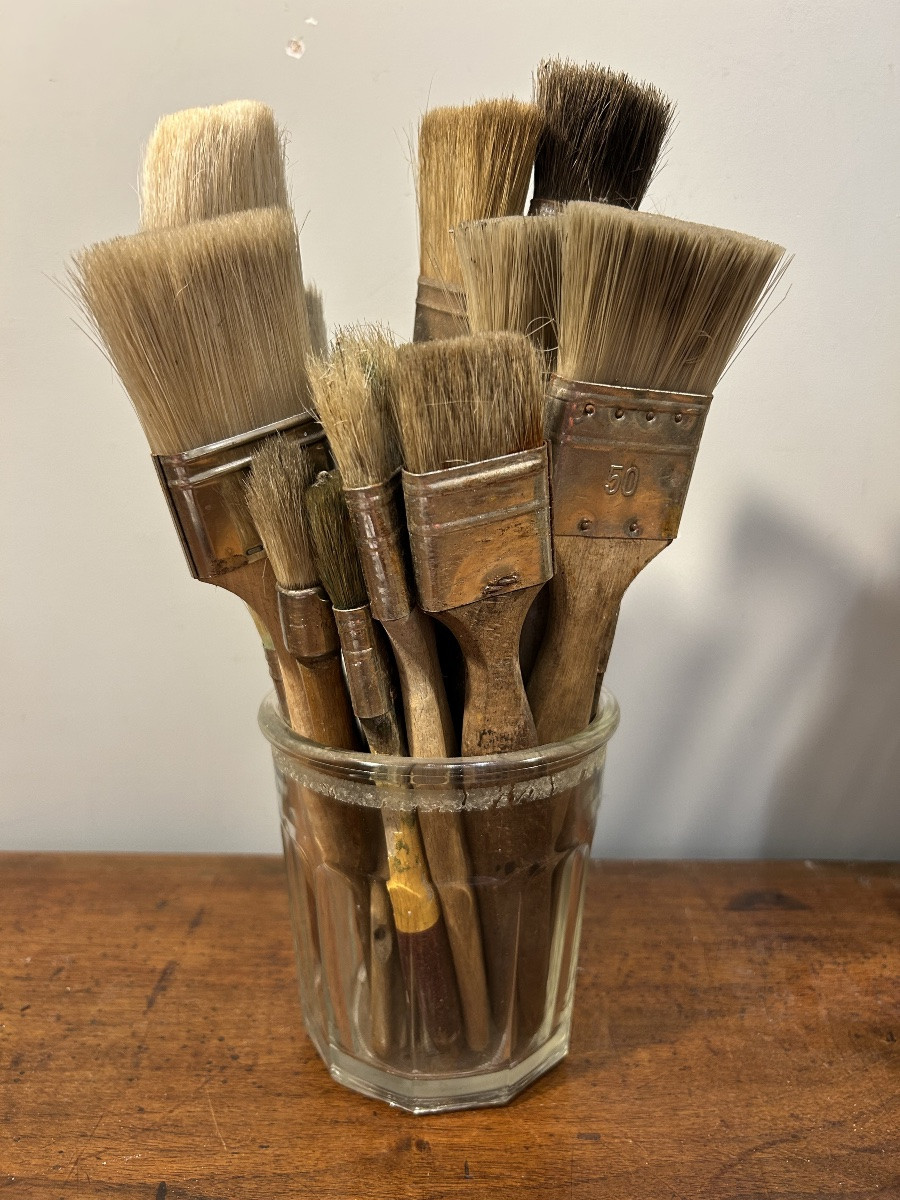Ensemble milieu XX ème de pinceaux anciens d’atelier, bois et poils, bel état d’usage.Outils d-photo-3