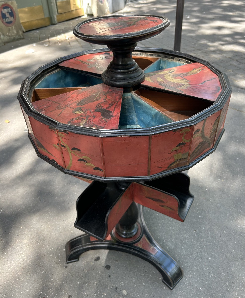 Napoleon III Japanese Pedestal Table Attributed To Maison Giroux, Lacquered Couture Furniture-photo-2