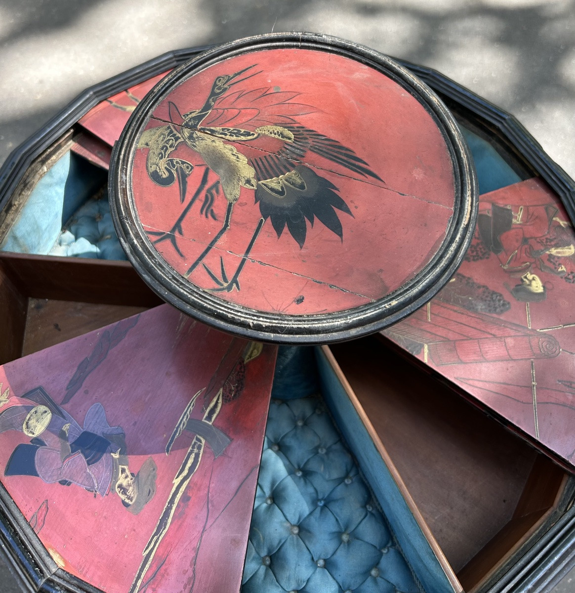 Napoleon III Japanese Pedestal Table Attributed To Maison Giroux, Lacquered Couture Furniture-photo-4