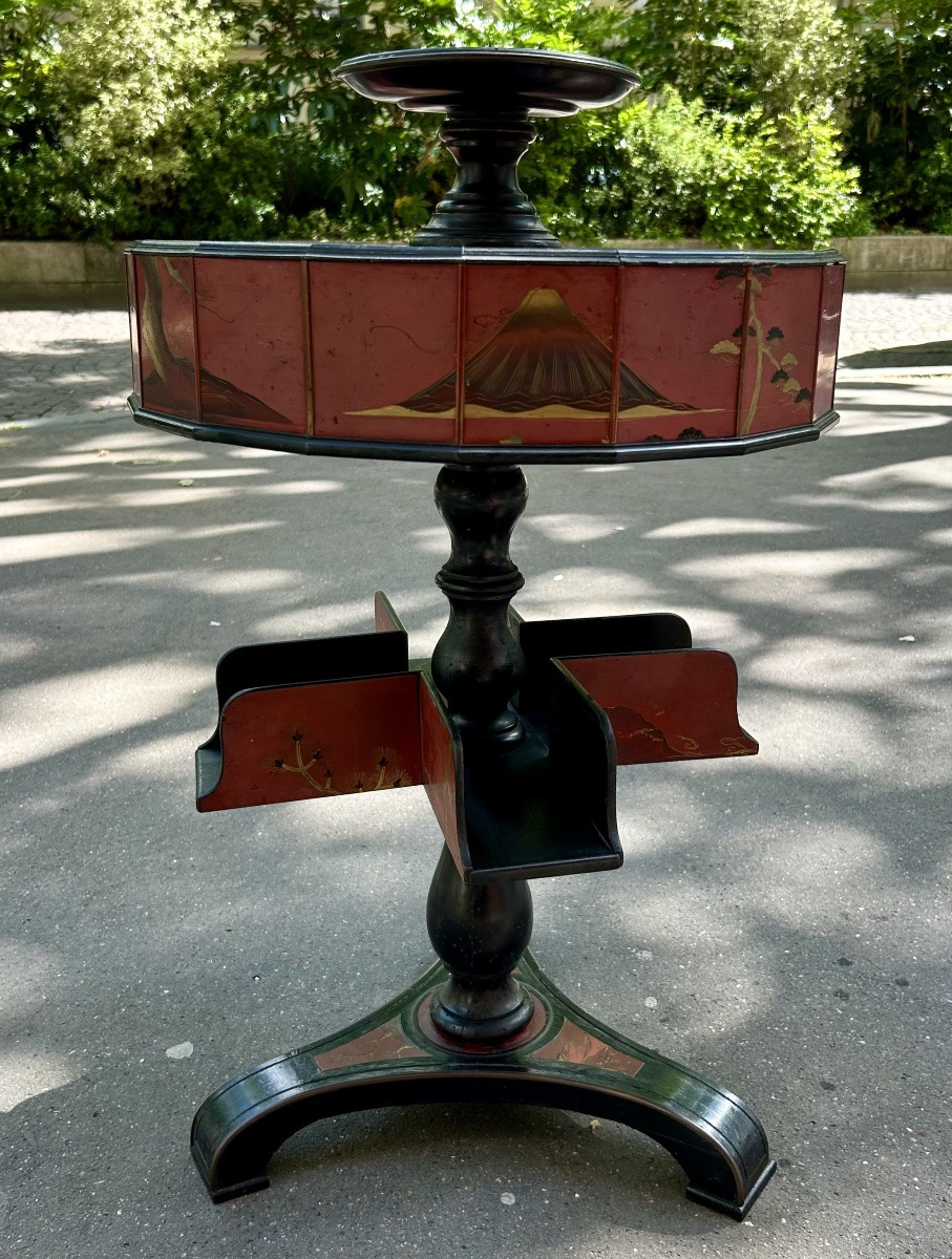 Napoleon III Japanese Pedestal Table Attributed To Maison Giroux, Lacquered Couture Furniture-photo-2