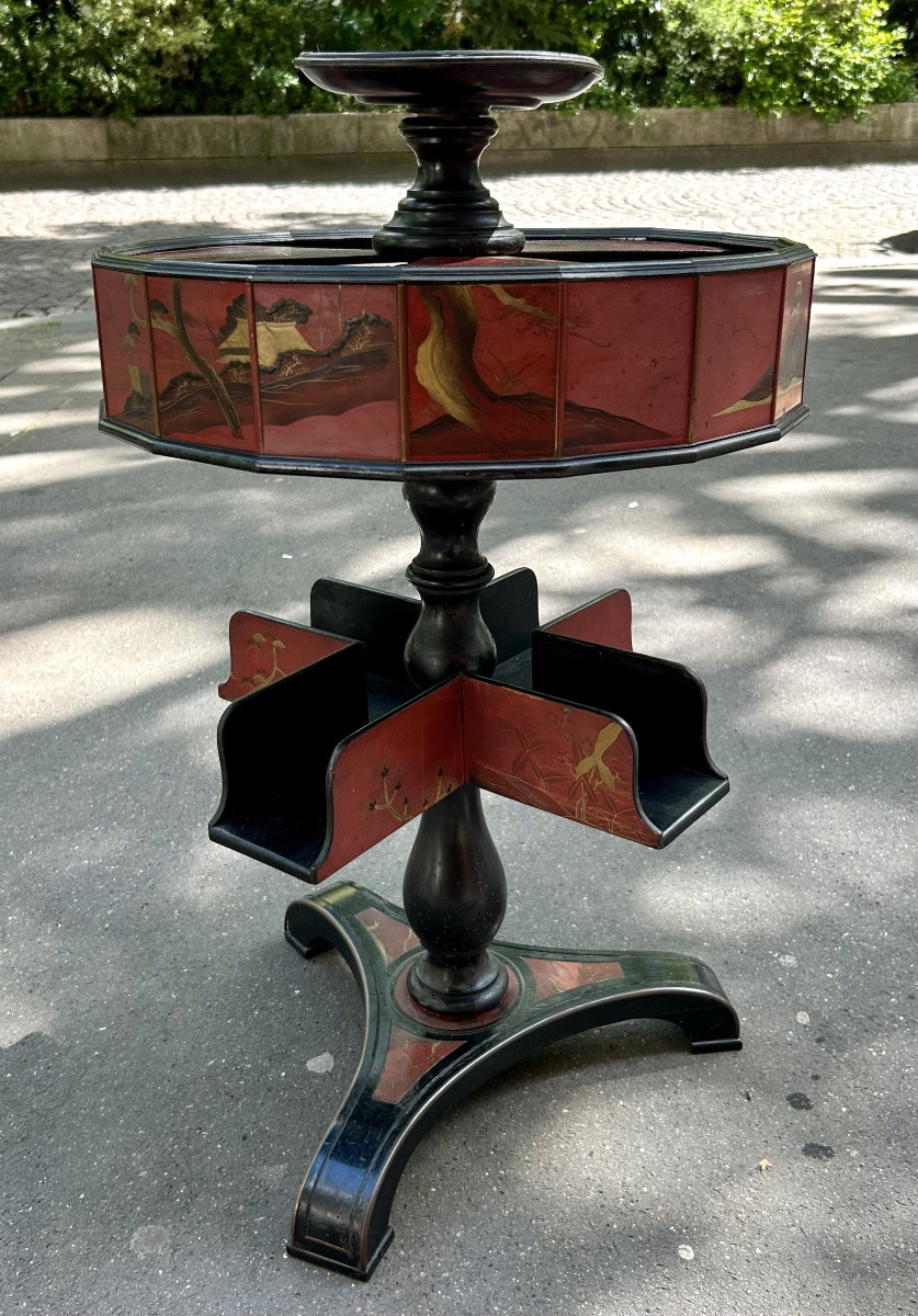 Napoleon III Japanese Pedestal Table Attributed To Maison Giroux, Lacquered Couture Furniture