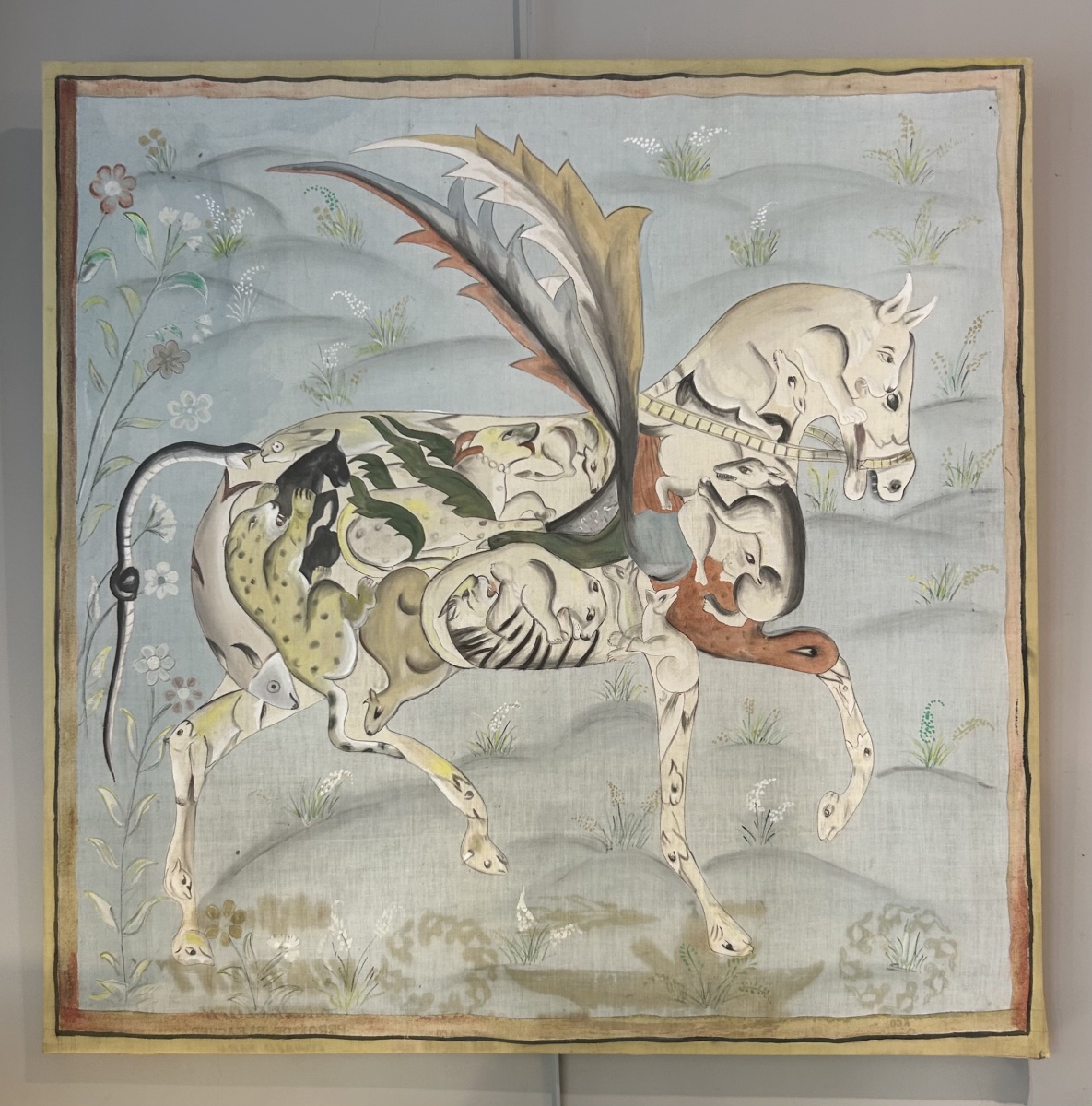 Peinture sur soie indienne, animal composite symbolique, Rajasthan, art populaire, XXe siècle