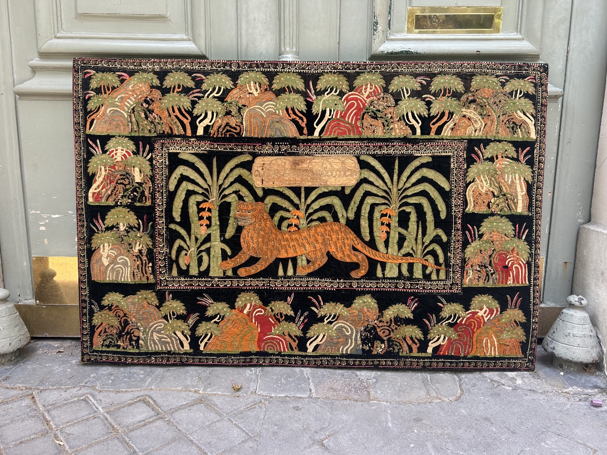 Large 19th-century Burmese Antique Kalaga Embroidered Tiger With Silk Appliqué, Myanmar, Asian Art-photo-2