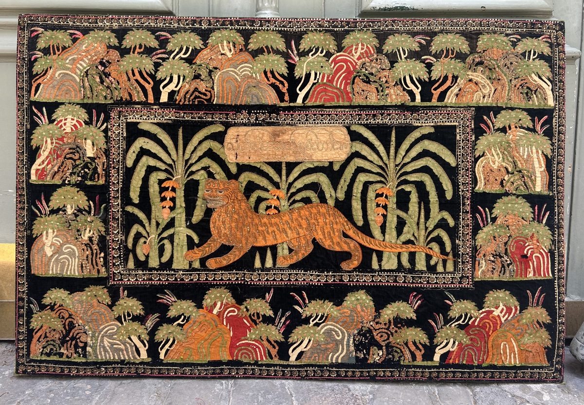 Large 19th-century Burmese Antique Kalaga Embroidered Tiger With Silk Appliqué, Myanmar, Asian Art