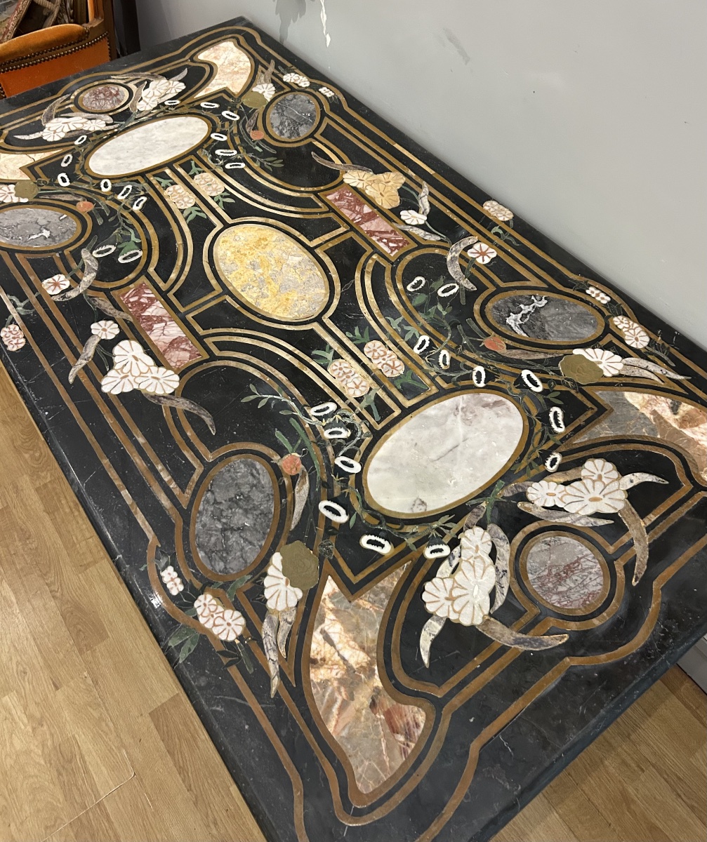 Table With Marquetry Of Polychrome Marbles And Semi-precious Stones, Italy, Early 20th Century-photo-2