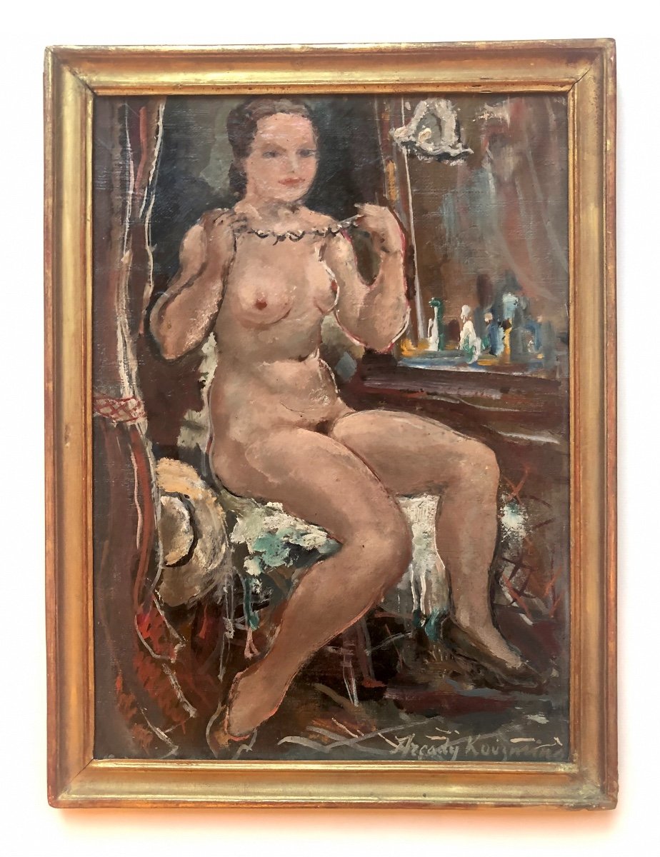 Oil On Panel Of Arcadia Kouzmine French School 20th "naked Au Collier"