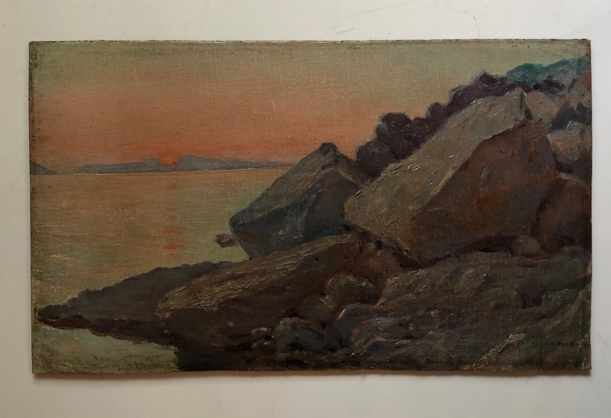 Sunset In Brittany Early 20th Oil On Cardboard Signed R Duvernois