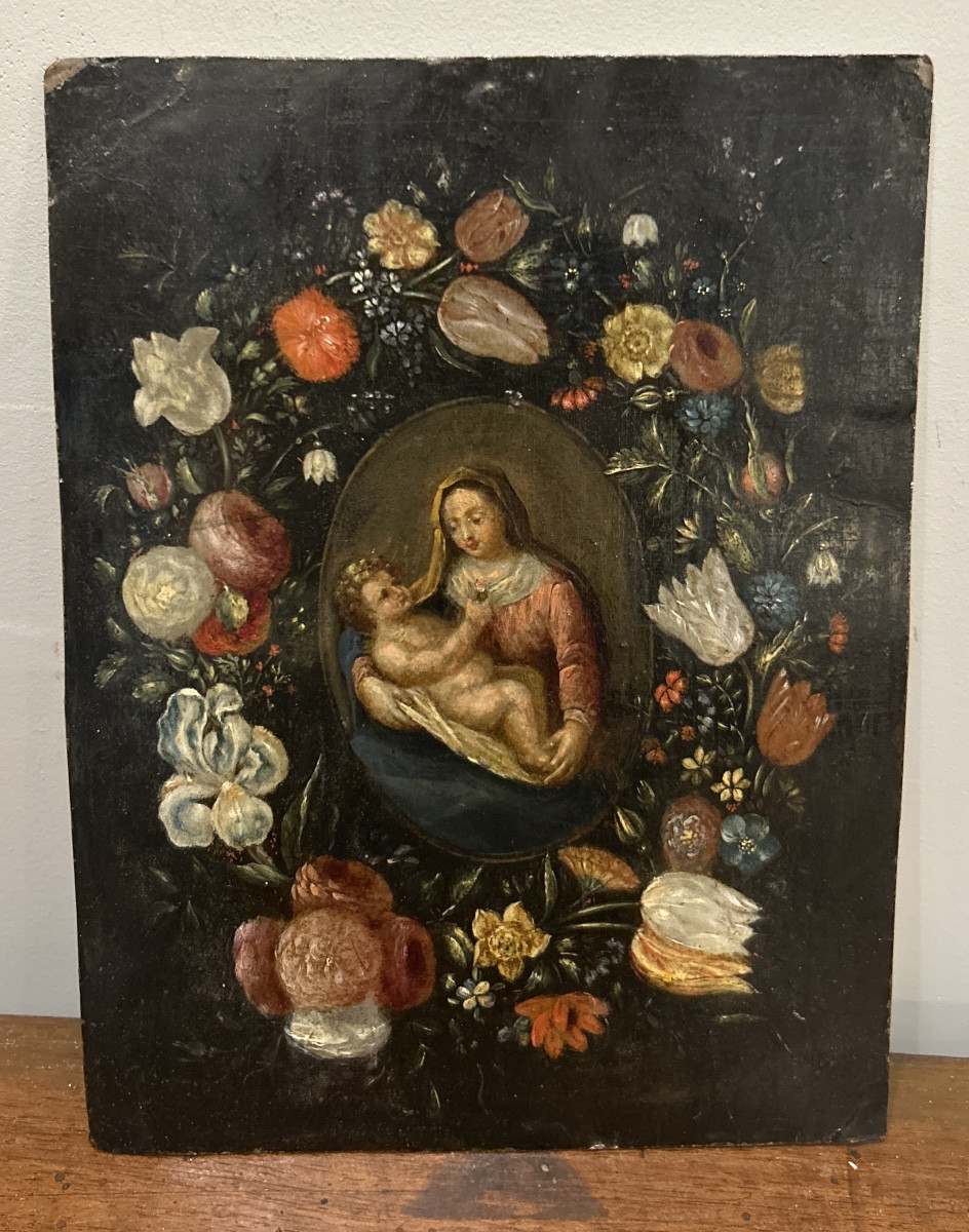 Huile Sur Cuivre  18ème Tableau religieux «  la vierge et l’enfant dans une couronne de fleurs 