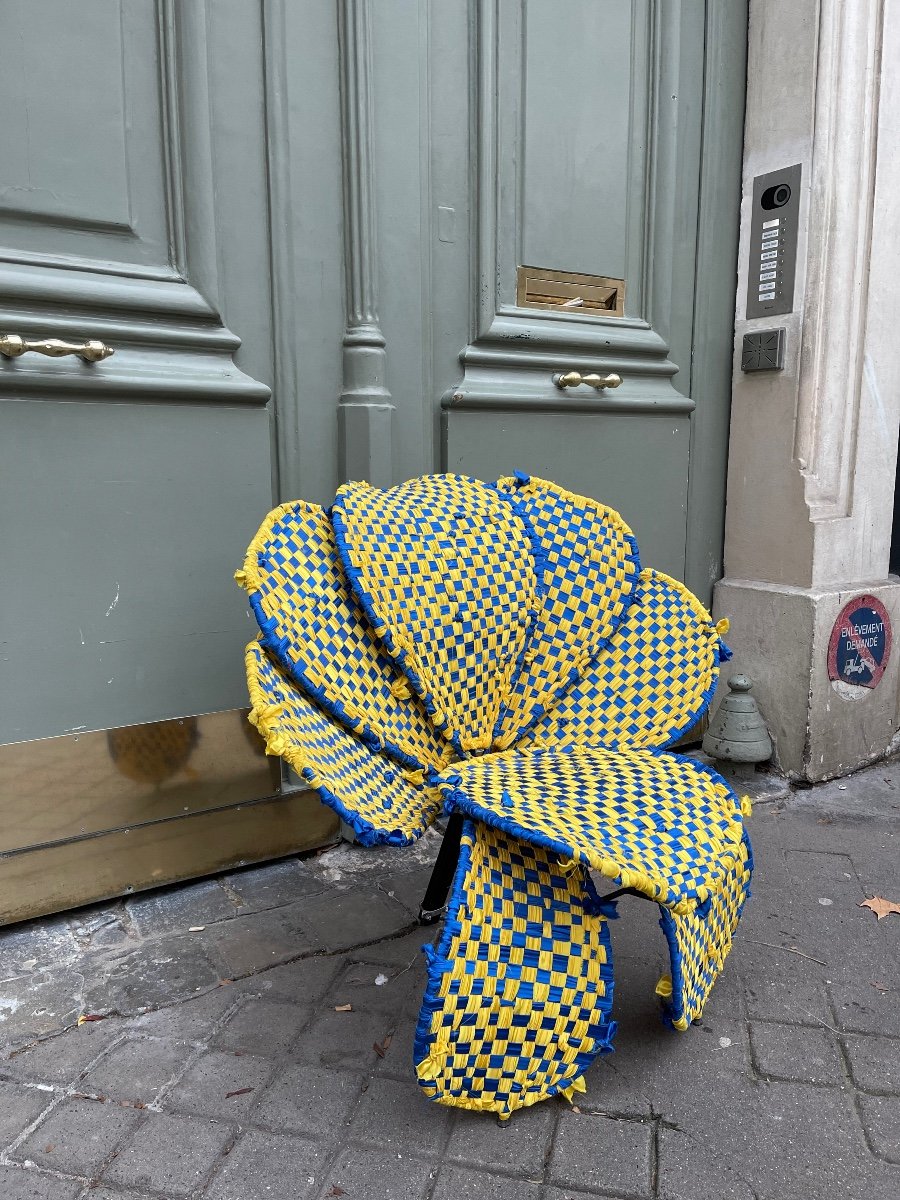 Fauteuil « Fiore » Du Designer Italien Anacleto Spazzapan En Métal Et Tissu Tressé. -photo-4