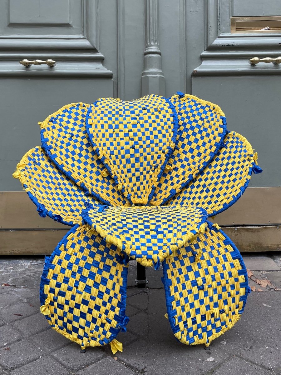 "fiore" Armchair By Italian Designer Anacleto Spazzapan In Metal And Braided Fabric.