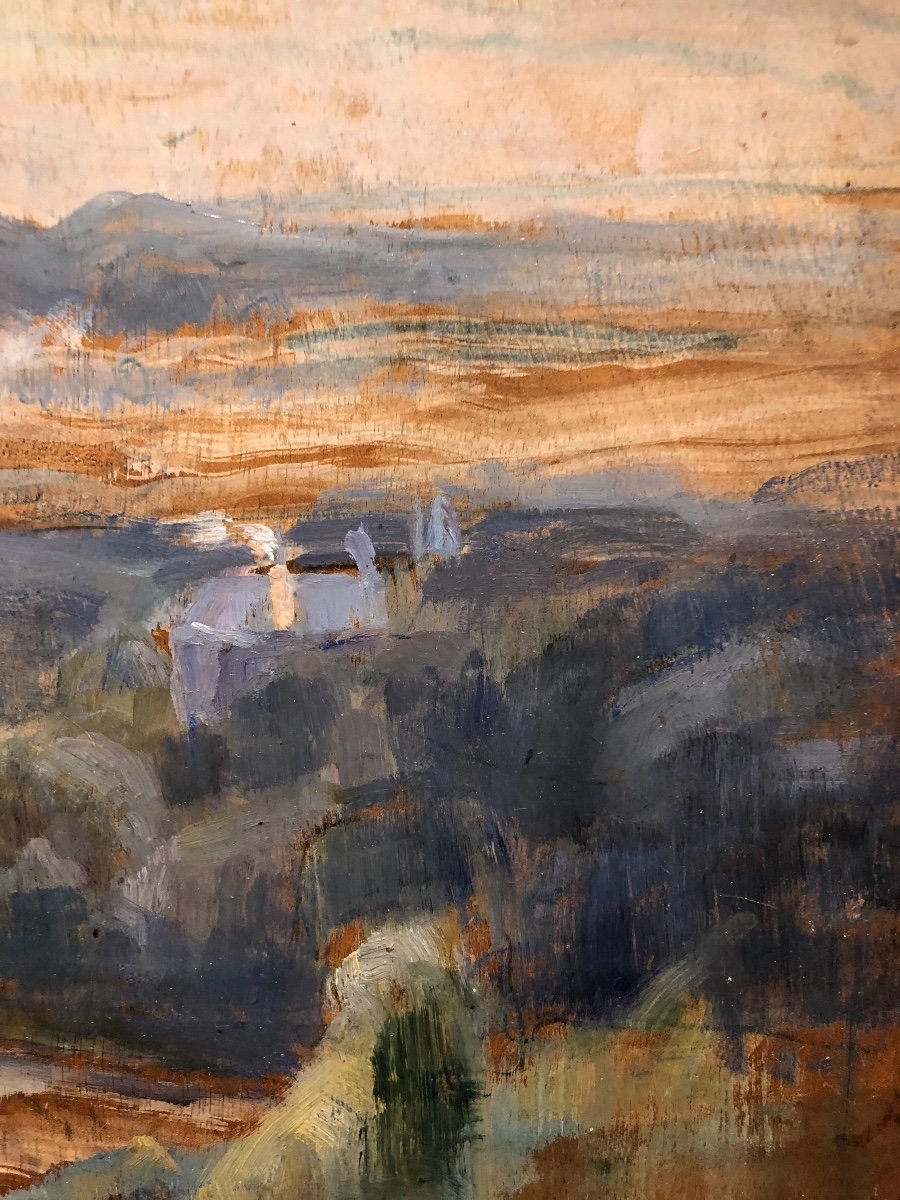 Oil On Wood Landscape From The French Pointer Tony-pichon 20th Workshop Stamp-photo-3