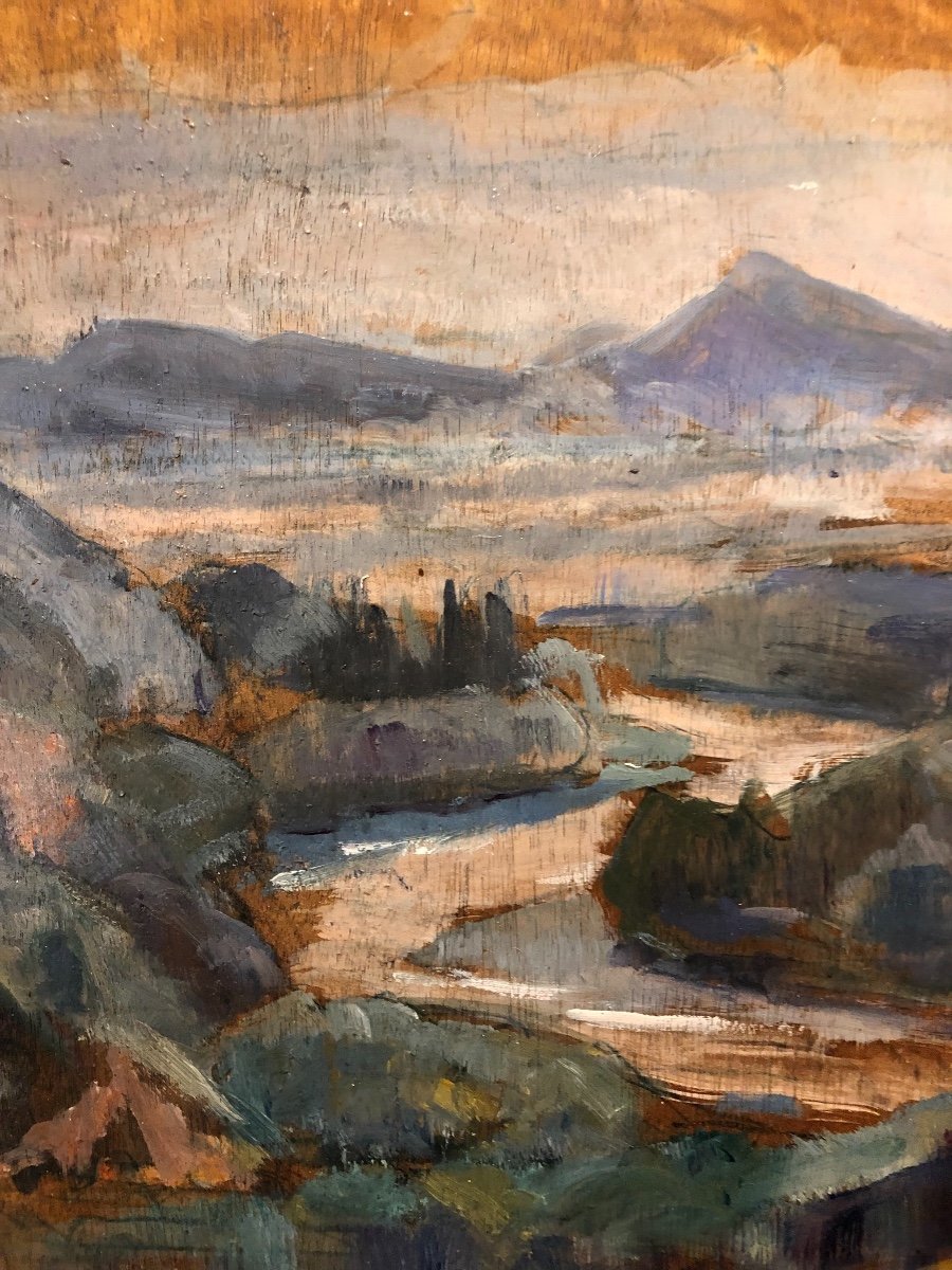 Oil On Wood Landscape From The French Pointer Tony-pichon 20th Workshop Stamp-photo-4