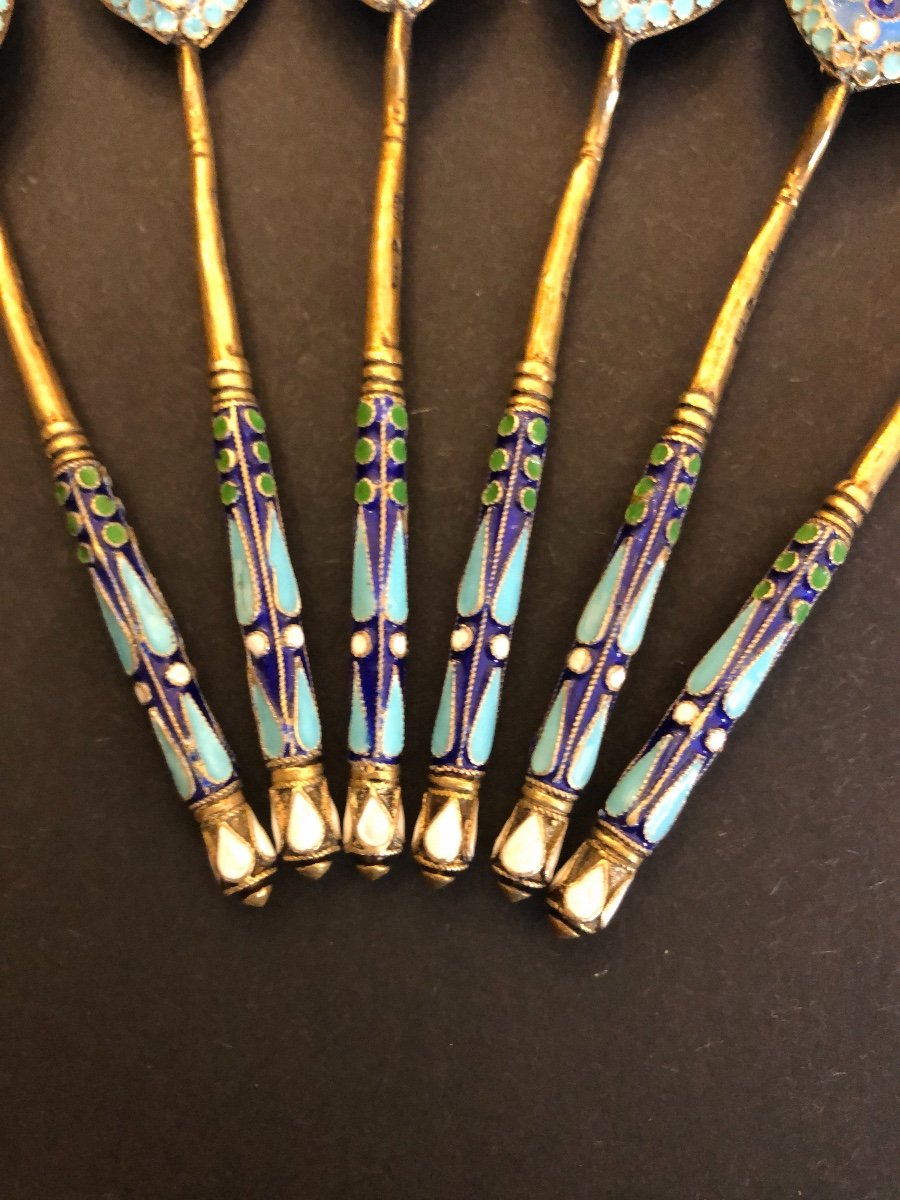 6 Mocha Spoons In Silver, Vermeil And Enamels Russian Work 1907 Pavel Akinov Ovchinnikov-photo-2