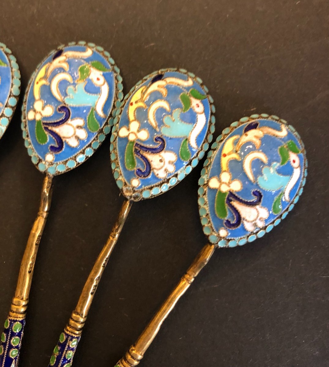 6 Mocha Spoons In Silver, Vermeil And Enamels Russian Work 1907 Pavel Akinov Ovchinnikov-photo-4