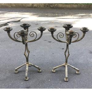 Pair Of Art Deco Wrought Iron Candelabras With Branches. Early 20th. French Work